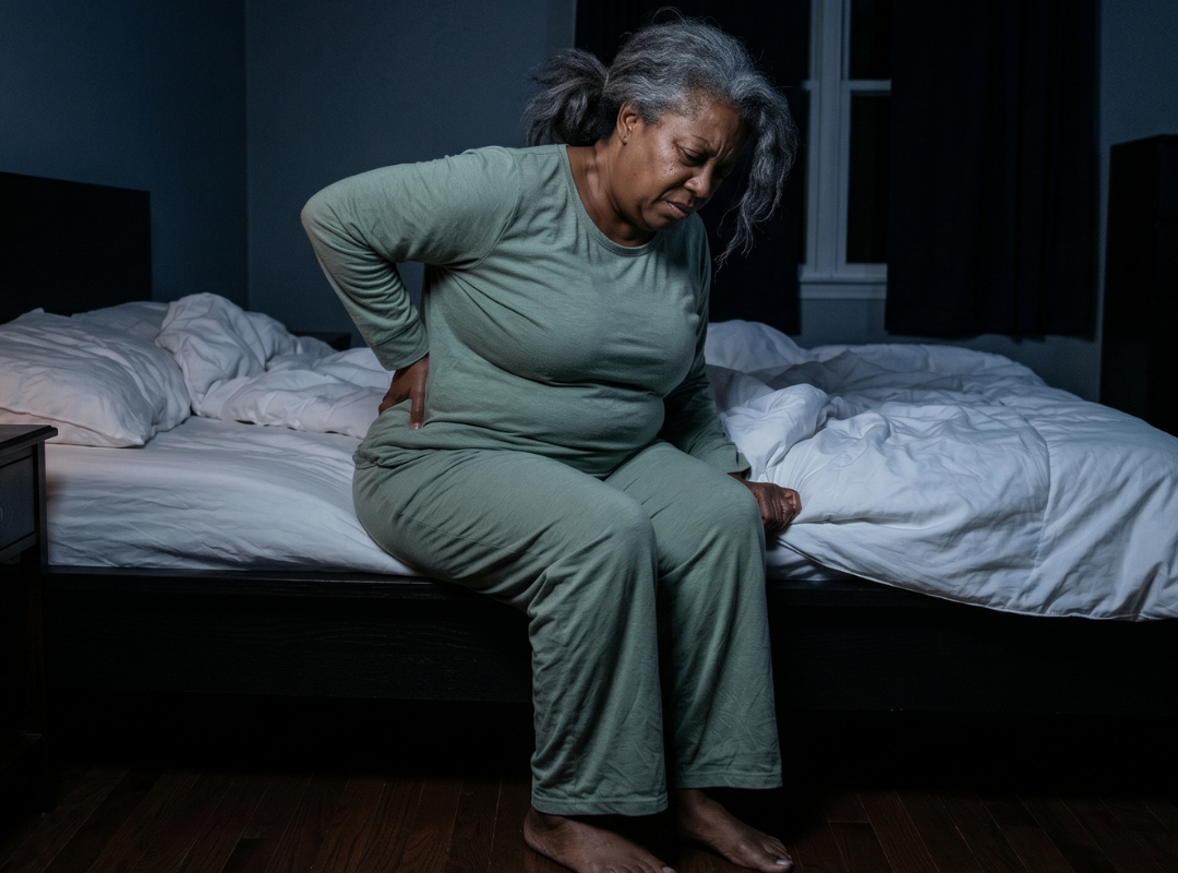 Woman 50+ awake in bed at 3AM holding her lower back, unable to sleep through