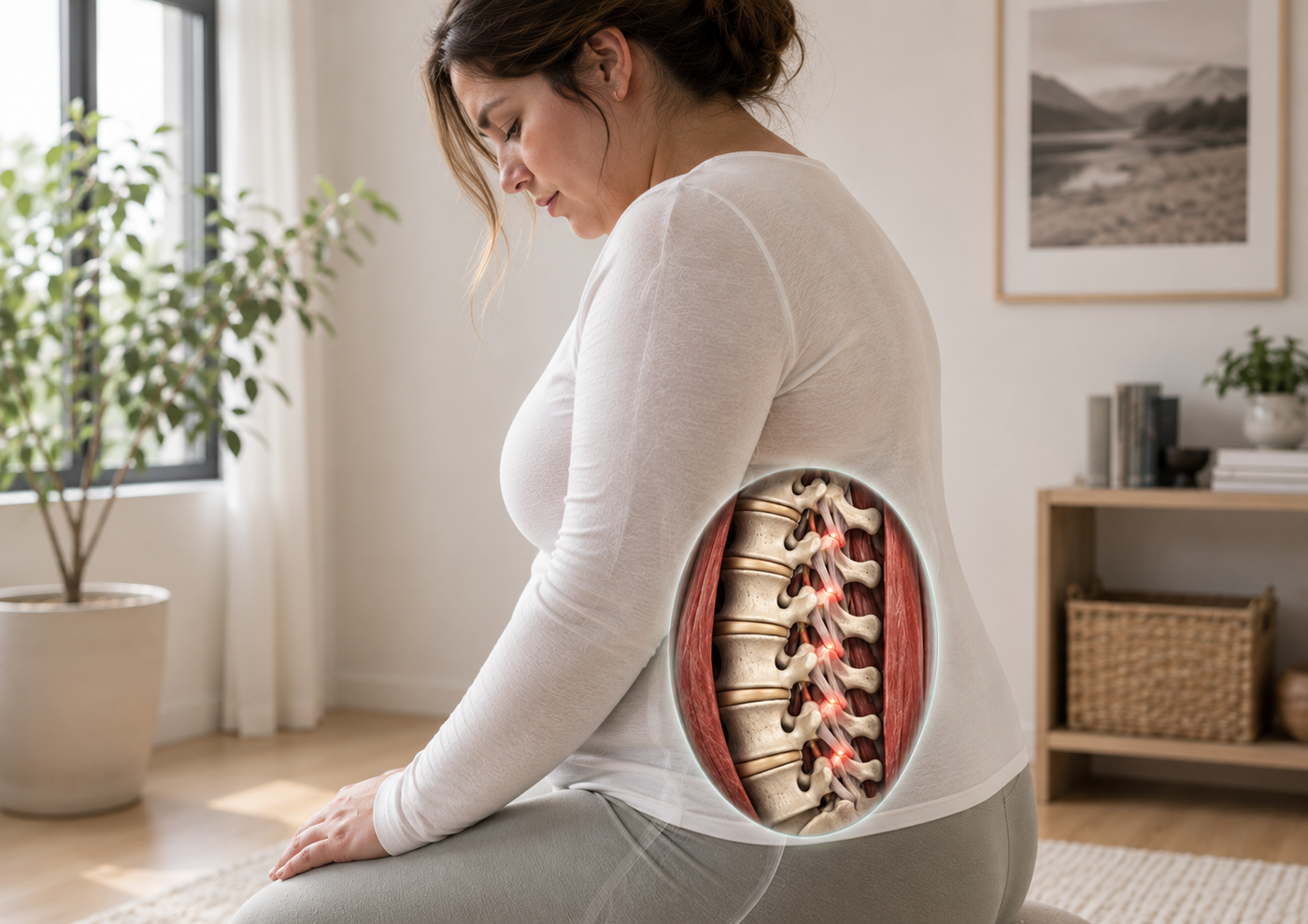 Person holding lower back while standing near a desk